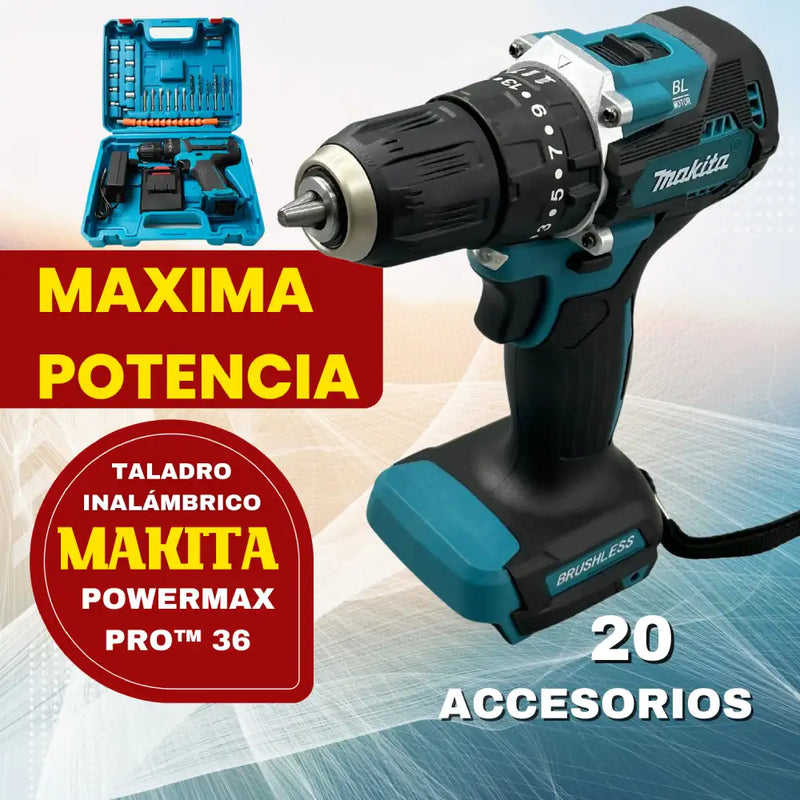 Makita PowerMax Pro™ 36V - Taladro Inalámbrico con Percutor y Kit Completo de Accesorios