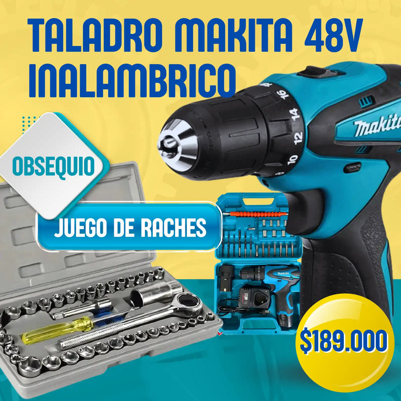 Taladro Inalámbrico Makita 48V con Luz LED Maletin con 20 accesorios, Obsequio Juego de 34 Raches ¡Incluido!