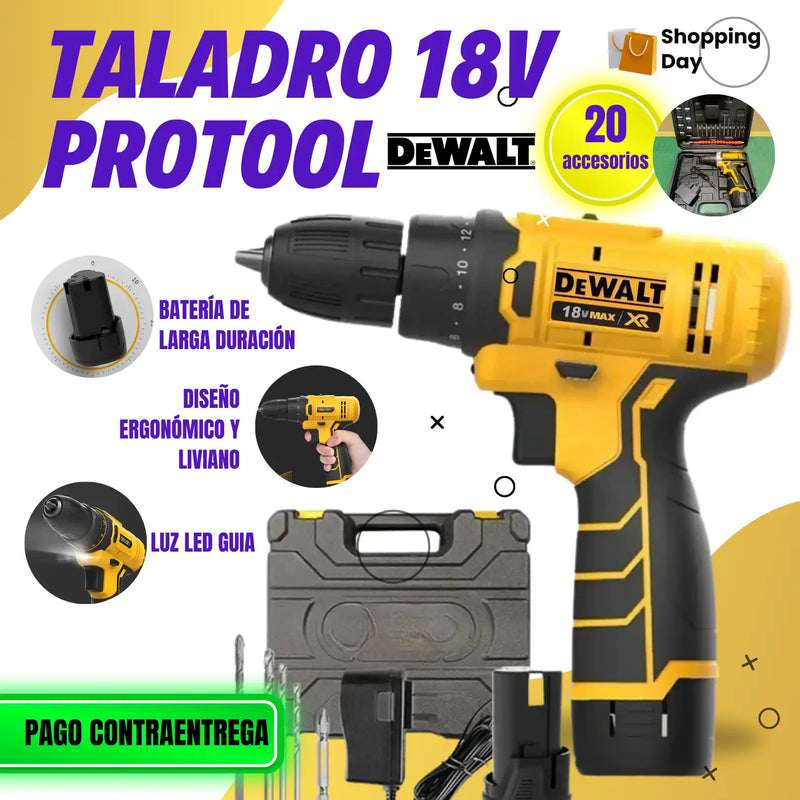 Taladro Inalambrico 18V DeWalt Luz Led Guia + Maletin + 20 Accesorios