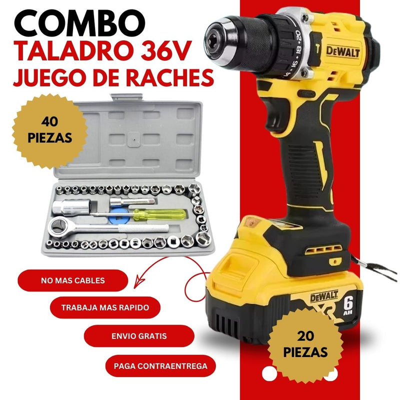 Taladro de 36v + 2 baterías 36v GRATIS + Maletin con 20 accesorios +  Juego de Raches