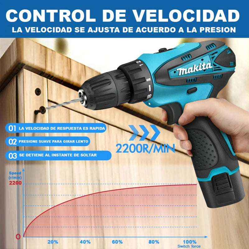 Taladro Inalámbrico Makita 48V con Luz LED Maletin con 20 accesorios, Obsequio Juego de 34 Raches ¡Incluido!