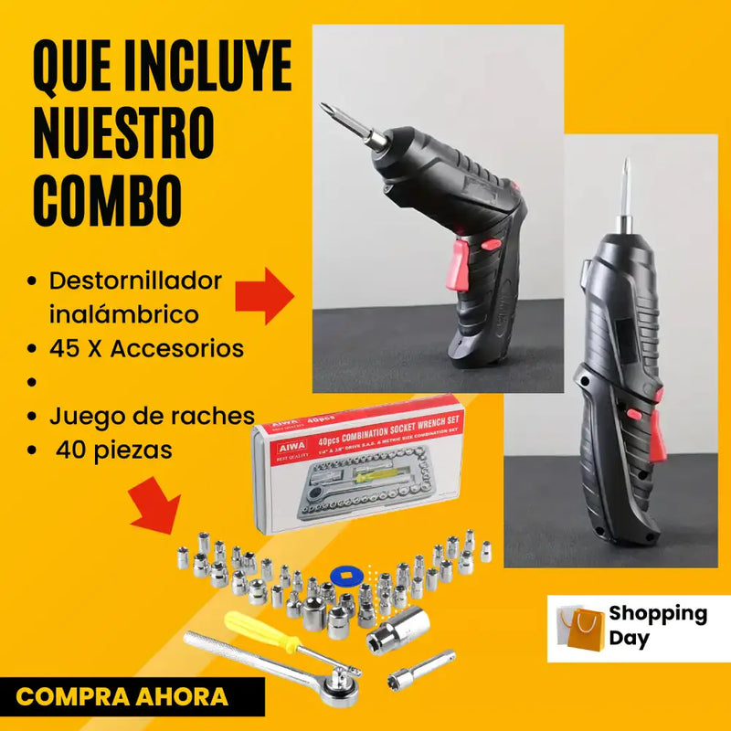 Destornillador Inalambrico + Maletin con 40 accesorios GRATIS Juego de Raches o copas