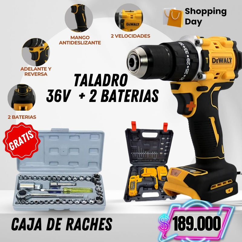 Taladro de 36v + 2 baterías 36v GRATIS + Maletin con 20 accesorios +  Juego de Raches