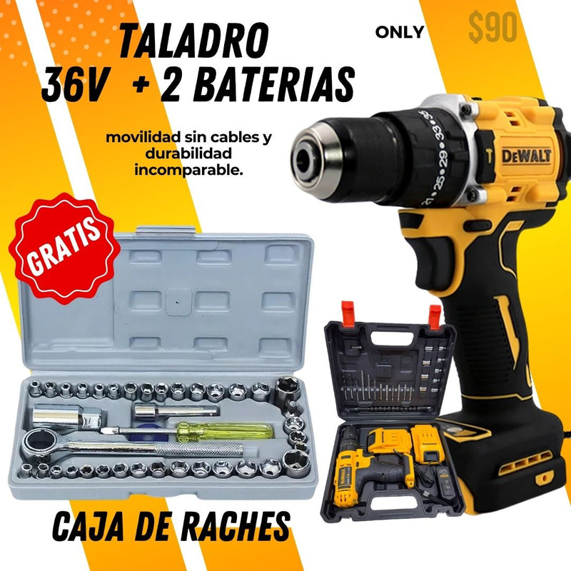 Taladro de 36v + 2 baterías 36v GRATIS + Maletin con 20 accesorios +  Juego de Raches