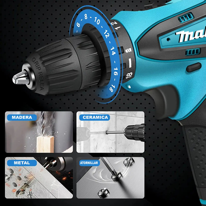 Taladro Inalámbrico Makita 48V con Luz LED Maletin con 20 accesorios, Obsequio Juego de 34 Raches ¡Incluido!