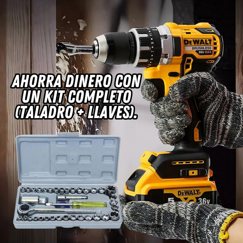 Taladro de 36v + 2 baterías 36v GRATIS + Maletin con 20 accesorios +  Juego de Raches