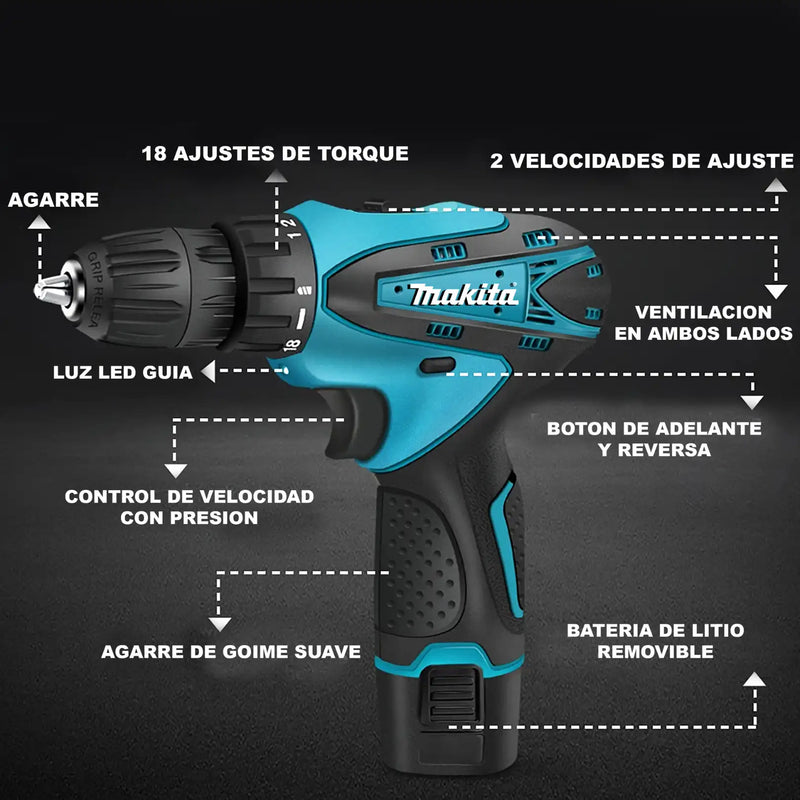 Taladro Inalámbrico Makita 48V con Luz LED Maletin con 20 accesorios, Obsequio Juego de 34 Raches ¡Incluido!