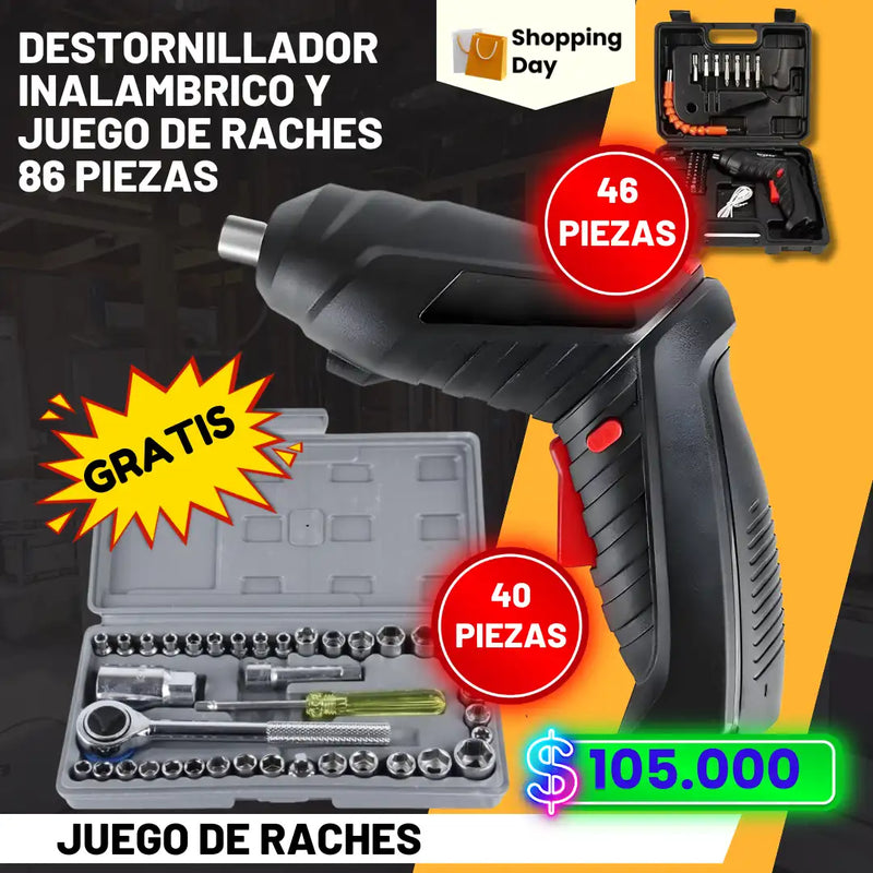 Destornillador Inalambrico + Maletin con 40 accesorios GRATIS Juego de Raches o copas