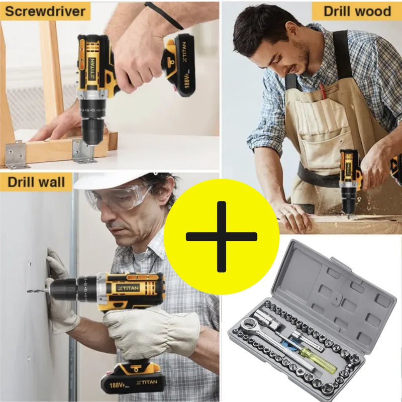Taladro de 36v + 2 baterías 36v GRATIS + Maletin con 20 accesorios +  Juego de Raches