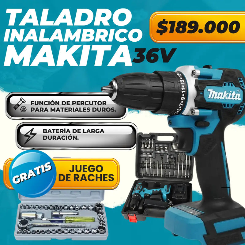 Taladro Inalambrico Makita 36V, Maletin con 20 accesorios + obsequio juegos de raches